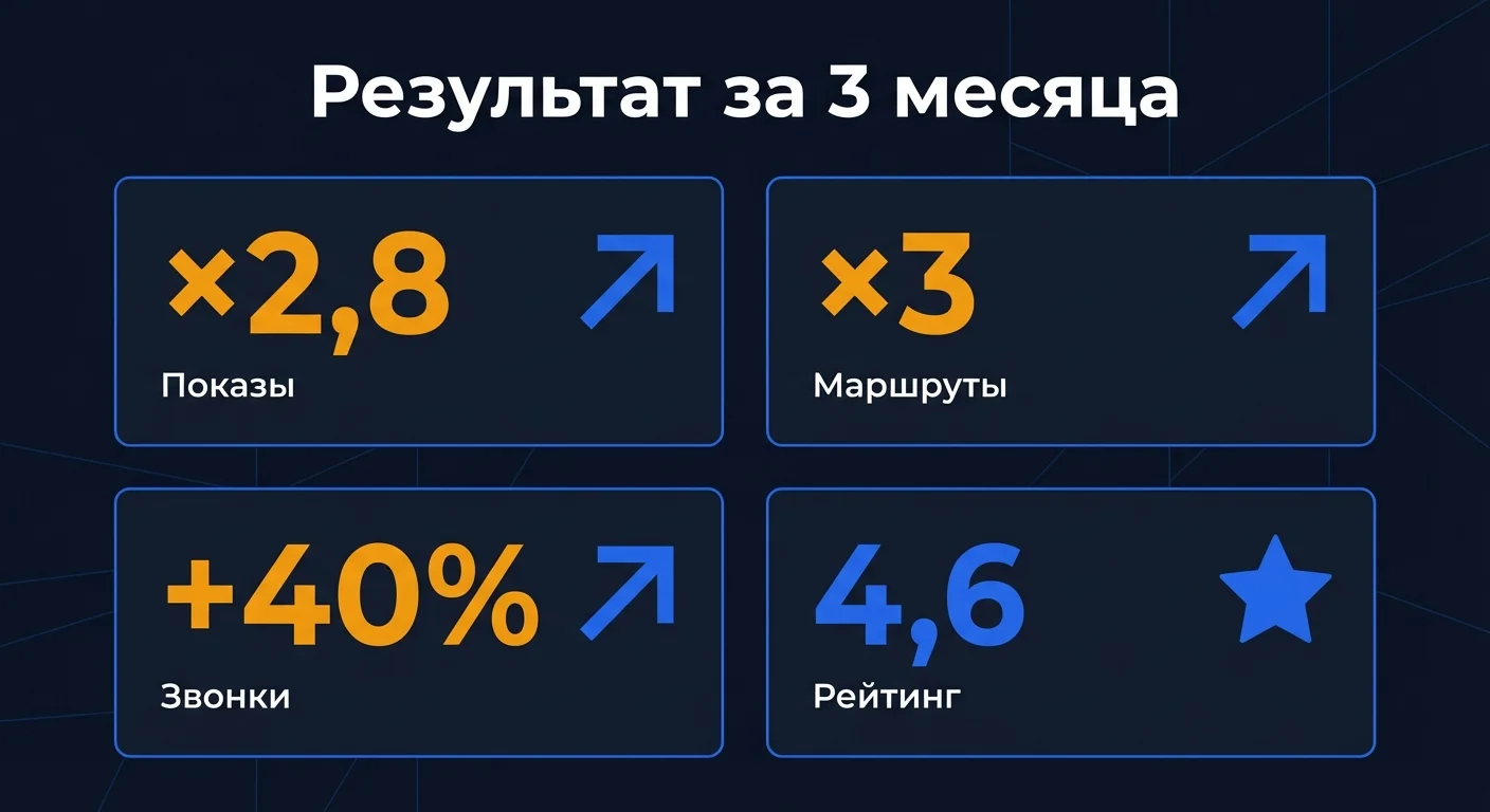 Дашборд с результатами оптимизации карточки за 3 месяца - рост показов в 2,8 раза, маршрутов и звонков