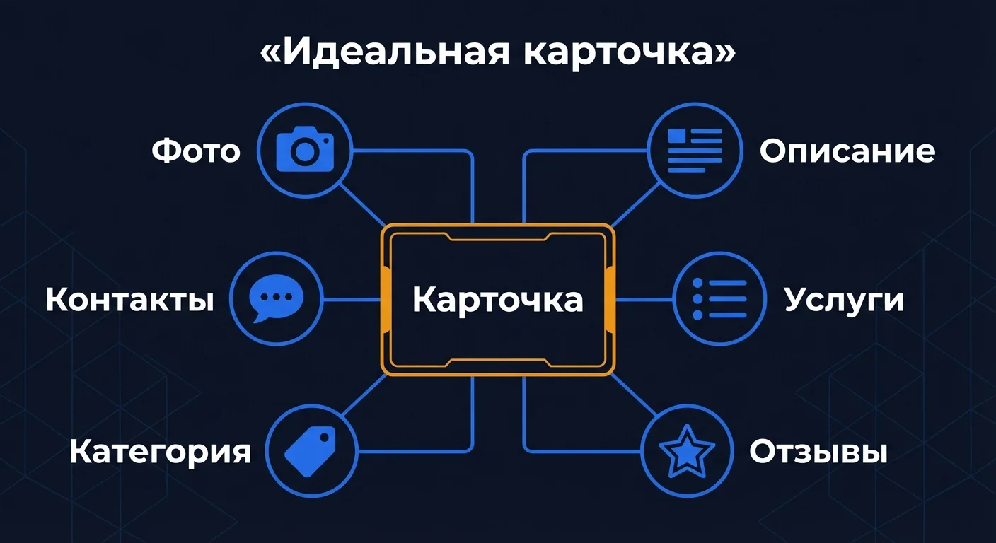 Диаграмма структуры идеальной карточки организации - фото, описание, услуги, отзывы, категория, контакты
