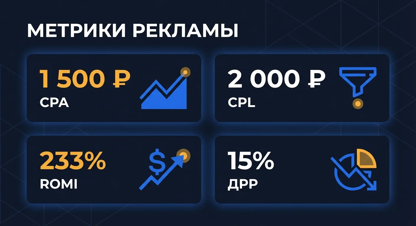 Dashboard метрик рекламы в Яндекс Директе - CPA, CPL, ROMI и доля рекламных расходов с примерами расчета