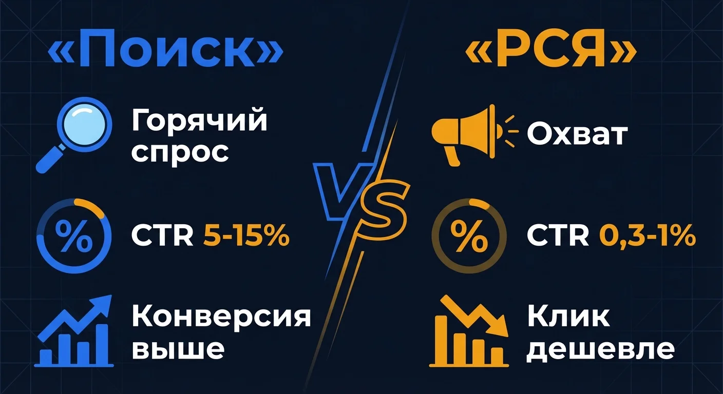 Сравнение: поисковая реклама и РСЯ в Яндекс Директе - различия по типу спроса, CTR, стоимости клика и конверсии