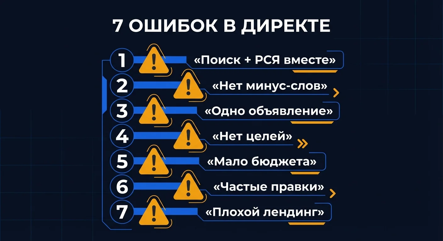 Инфографика: семь распространенных ошибок начинающих рекламодателей в Яндекс Директе и способы их избежать