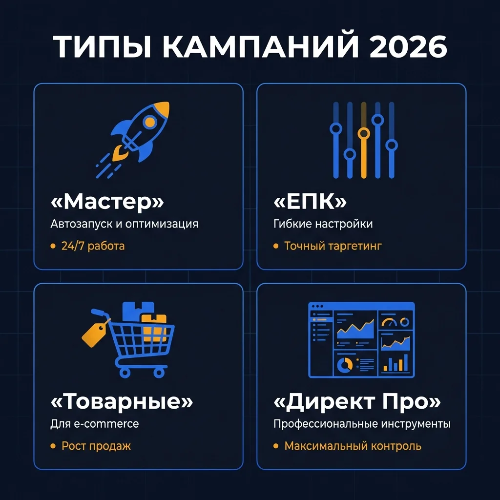 Инфографика: четыре типа рекламных кампаний в Яндекс Директе на 2026 год - Мастер, ЕПК, товарные и Директ Про
